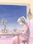  1girl book chair commentary cup epoxy_putty feet_out_of_frame hanging_plant hatsune_miku headphones highres holding holding_book indoors long_skirt night painting_(medium) plant potted_plant reading sitting skirt smile solo table teacup traditional_media vocaloid watercolor_(medium) 