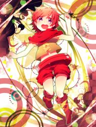  1girl arm_up belt boots brown_boots brown_hair chest_guard commentary_request full_body green_outline kuten_qten looking_at_viewer midriff missing_headwear navel open_mouth outline ranger_(sekaiju) ranger_2_(sekaiju) red_belt red_scarf red_shorts scarf sekaiju_no_meikyuu sekaiju_no_meikyuu_1 short_hair shorts smile solo teeth upper_teeth_only violet_eyes 