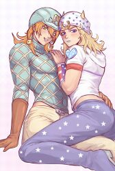  2boys american_flag american_flag_print argyle_clothes argyle_sweater arm_warmers beanie blonde_hair blue_eyes blue_hat blue_lips blue_pants blue_sweater blush bow brown_gloves commentary diego_brando flag_print gloves green_eyes hair_between_eyes hands_on_another's_ass hat heart highres hood hood_down hoodie horseshoe horseshoe_hat_ornament horseshoe_ornament ilanireh johnny_joestar jojo_no_kimyou_na_bouken long_sleeves looking_at_viewer makeup male_focus medium_hair multiple_boys pants peaked_cap seiza short_sleeves sitting smile star_(symbol) steel_ball_run sweater teeth turtleneck turtleneck_sweater untranslatable_commentary white_hoodie 