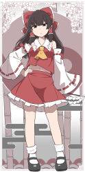 1girl :/ absurdres ascot bamboo black_shoes bow brown_eyes brown_hair closed_mouth commentary detached_sleeves egasumi flower frilled_bow frilled_hair_tubes frilled_skirt frills full_body gigajunkieriot gohei hair_bow hair_tubes hakurei_reimu hand_on_own_hip highres holding holding_gohei long_hair looking_at_viewer mary_janes midriff_peek navel red_bow red_skirt ribbon-trimmed_sleeves ribbon_trim shoes skirt skirt_set socks solo touhou white_socks yellow_ascot 