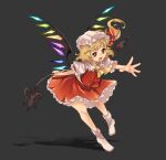 1girl :d ascot blonde_hair crystal fang flandre_scarlet full_body grey_background hat highres laevatein_(touhou) luo_qiangwei mob_cap open_mouth red_eyes simple_background skin_fang smile socks solo touhou wings 