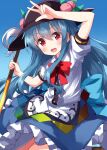  1girl black_headwear blue_background blue_bow blue_hair blue_skirt bow buttons food frills fruit hat highres hinanawi_tenshi long_hair neck_ribbon one-hour_drawing_challenge peach puffy_sleeves rainbow_gradient red_bow red_eyes ribbon ruu_(tksymkw) shirt short_sleeves skirt solo sword_of_hisou touhou v white_shirt 