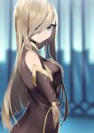  1girl bangs bare_shoulders blue_eyes breasts brown_dress brown_hair closed_mouth detached_sleeves dress expressionless hair_over_one_eye hand_on_own_chest highres long_hair looking_at_viewer rindoriko sidelocks sleeveless sleeveless_dress solo tales_of_(series) tales_of_the_abyss tear_grants very_long_hair 