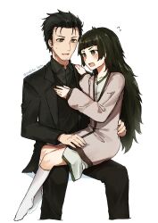  1boy 1girl :d ^^^ beard_stubble black_hair black_jacket black_pants black_shirt black_vest commentary_request dress_shirt embarrassed facial_hair green_eyes green_hair hand_on_another's_back hand_on_another's_thigh highres hiyajou_maho jacket kneehighs koto_(shiberia39) lab_coat long_hair looking_at_viewer messy_hair nervous_smile nervous_sweating okabe_rintarou open_mouth pants science_adventure shirt sitting sitting_on_person smile socks steins;gate steins;gate_0 stubble sweat sweater_vest thigh-highs very_long_hair vest white_socks yellow_eyes 