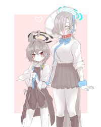  2girls asuna_(blue_archive) asuna_(school_uniform)_(blue_archive) blue_archive collar commentary halo height_difference holding holding_leash leash multiple_girls nanamadoyama neru_(blue_archive) neru_(school_uniform)_(blue_archive) pet_cone standing untranslatable_commentary 