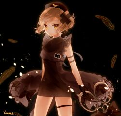  1girl animal_print bird_print black_background black_bow black_dress black_gloves bow commentary_request dress feathers gloves grey_hair hair_ornament hat highres holding holding_scissors magical_girl mahou_shoujo_ikusei_keikaku mahou_shoujo_ikusei_keikaku_restart nurse_cap scissors shadowgale x_hair_ornament yellow_eyes yunare 