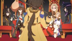  6+girls ahoge animal_ears aoi_tenjiku armband ascot beanie bindle black_ascot black_boots black_coat black_gloves black_hair black_jacket black_pants blue_eyes blunt_bangs boots bow breasts brown_hair brown_hat closed_mouth coat commentary dice dice_necklace dice_pendant dream_journey_(reminder_of_dreamland)_(umamusume) dream_journey_(umamusume) dress ear_bow ear_covers ears_through_headwear fenomeno_(black_flames_of_the_righteous_spirit)_(umamusume) fenomeno_(umamusume) fingerless_gloves flipped_hair glasses gloves gold_ship_(red_strife)_(umamusume) gold_ship_(umamusume) grey_hair grey_hat hair_between_eyes hand_on_own_cheek hand_on_own_face hat highres holding holding_dice holding_stick horse_ears horse_girl horse_tail horseshoe_hat_ornament horseshoe_ornament jacket jewelry large_breasts long_hair long_sleeves lying multicolored_hair multiple_girls nakayama_festa_(desperate_measures)_(umamusume) nakayama_festa_(umamusume) necklace on_side open_mouth orange_hair orfevre_(control)_(umamusume) orfevre_(umamusume) pants peaked_cap pillbox_hat purple_hair red_bow red_dress red_shirt shirt single_ear_cover sitting sleeveless sleeveless_dress smile stay_gold_(sunlit_outsider)_(umamusume) stay_gold_(umamusume) stay_gold_clan_(umamusume) stick striped_armband striped_clothes tail torn_clothes torn_pants torn_shirt two-tone_hair umamusume untranslatable_commentary violet_eyes white_coat white_gloves white_hair yellow_coat 