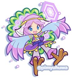  1boy :d armlet blue_sash blue_wings circlet commentary_request gem gold_armlet gold_necklace jewelry looking_at_viewer male_focus necklace official_style opalus_(puyopuyo) open_clothes open_mouth open_vest pants peacock_boy peacock_feathers peacock_tail pimyuhuwa pink_gem pink_hair pink_wings purple_pants purple_skirt purple_vest puyopuyo puyopuyo_quest sash see-through_clothes see-through_veil short_hair simple_background skirt smile solo talons twitter_username two-tone_wings veil vest white_background winged_arms wings 