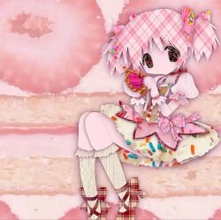 1girl absurdres black_eyes bow cake collage_(medium) colored_skin commentary dessert double_exposure english_commentary food food-themed_background food-themed_clothes hair_bow highres holding kaname_madoka kaname_madoka_(magical_girl) mahou_shoujo_madoka_magica mahou_shoujo_madoka_magica_(anime) mixed_media paper_cutout_(medium) papercraft_(medium) pink_bow pink_hair pink_skin pink_theme solo soul_gem_(madoka_magica) sprinkles strawberry_shortcake unconventional_media yuno-is-overit