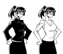  1girl 404_ikasaurus black_hair cropped_legs english_commentary glasses greyscale high-waist_pants highres jacket jujutsu_kaisen jujutsu_tech_uniform monochrome multiple_views muscular muscular_female pants ponytail shirt short_hair simple_background solo solo_focus tank_top turtleneck turtleneck_shirt upper_body white_background white_tank_top zen'in_maki 