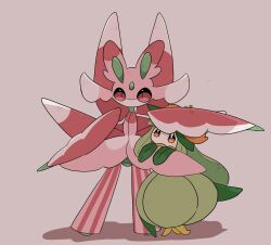  2girls absurdres antennae arthropod_girl arthropod_limbs bright_pupils colored_skin commentary_request flower full_body furry furry_female green_hair green_skin grey_background highres lilligant long_hair looking_at_another looking_at_viewer lurantis mantis_girl monster_girl multicolored_skin multiple_girls no_mouth orange_eyes orange_flower pink_eyes pink_skin plant_girl plant_hair pokemon pokemon_(creature) shiu_224 simple_background standing two-tone_skin white_pupils white_skin 