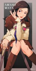  1girl absurdres amano_maya black_hair brown_jacket brown_thighhighs character_name commentary_request cropped_legs grey_background heart heart_print highres jacket kmillustration8 long_sleeves looking_to_the_side multicolored_jacket necktie outside_border persona persona_2 purple_necktie red_lips simple_background solo thigh-highs violet_eyes 