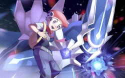  1boy 1other backpack bag black_sclera blue_hair bracelet colored_sclera commentary_request dialga energy_ball floating_scarf hat inana_umi jewelry looking_at_viewer lucas_(pokemon) open_mouth pants poke_ball_print pokemon pokemon_(creature) pokemon_diamond/pearl/platinum red_eyes red_hat red_scarf scarf shirt short_hair short_sleeves sleeveless sleeveless_jacket white_shirt yellow_bag 