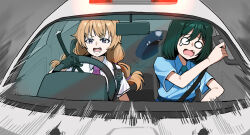  2girls black_hair blue_shirt car commentary_request driving goldluck hat konoe_kanata love_live! love_live!_nijigasaki_high_school_idol_club mifune_shioriko motor_vehicle multiple_girls o_o official_alternate_costume orange_hair police police_car police_hat police_uniform policewoman shirt short_hair twintails upper_body violet_eyes white_shirt 