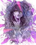  absurdres artist_logo fingers_to_cheeks flower highres jewelry kamishiro_rize looking_at_viewer parkjinsuky parted_lips purple_hair ring tattoo tokyo_ghoul white_background 