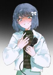  1girl absurdres bang_dream! bang_dream!_our_notes blue_eyes blue_hair chinese_commentary commentary_request cowboy_shot false_smile furrowed_brow gradient_background hamasaki_mahoro hands_up highres holding holding_microphone hood hood_down hooded_jacket jacket jewelry long_sleeves looking_at_viewer microphone miyasawa_momo necklace open_clothes open_jacket short_hair smile solo striped_clothes striped_sweater sweater white_jacket 