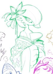  1girl 4others clothed_pokemon dizzyspells floral_print flower gardevoir hair_flower hair_ornament hair_over_one_eye hisuian_typhlosion japanese_clothes kimono multiple_others pokemon pokemon_(creature) salazzle simple_background sketch sleeves_past_fingers sleeves_past_wrists swoobat unfinished white_background wide_sleeves 