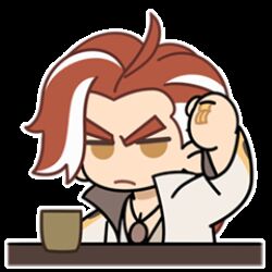  1boy angry animated animated_gif chibi chibi_only chinese_clothes chinian clenched_hand closed_mouth commentary cup english_commentary jewelry looking_at_viewer lowres male_focus multicolored_hair official_art ponytail red_hair ring simple_background solo sticker_(medium) streaked_hair table the_legend_of_luo_xiaohei two-tone_hair white_background white_hair yellow_eyes 
