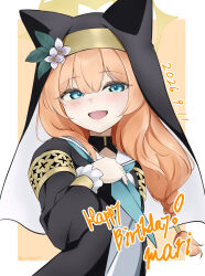  1girl absurdres aonossco black_coat black_veil blue_archive blue_eyes blue_neckerchief border braid character_name coat commentary_request dated flower hair_flower hair_ornament halo hand_up happy_birthday highres long_hair long_sleeves looking_at_viewer low-braided_long_hair low-tied_long_hair mari_(blue_archive) neckerchief nun nun_headdress open_mouth orange_background orange_hair sailor_collar simple_background smile solo upper_body veil white_border white_flower white_sailor_collar yellow_halo 