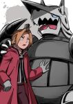  1boy aggron black_shirt blonde_hair blue_eyes brown_jacket brown_pants coat crossover edward_elric fullmetal_alchemist gloves grey_gloves hair_intakes hand_on_another&#039;s_shoulder highres jacket looking_up open_clothes open_jacket open_mouth pants piyohiko_moru pokemon pokemon_(creature) pokemon_(game) pokemon_rse red_coat shirt short_hair sketch standing sweatdrop twitter_username yellow_eyes 