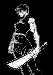  1girl 404_ikasaurus belt black_background black_hair black_pants burn_scar cropped_legs english_commentary glasses greyscale highres holding holding_sword holding_weapon jujutsu_kaisen monochrome multiple_scars muscular muscular_female pants round_eyewear scar scar_on_arm scar_on_face scar_on_shoulder scars_all_over shirt short_hair simple_background sword turtleneck turtleneck_shirt upper_body weapon zen'in_maki zen'in_maki_(post-shibuya) 