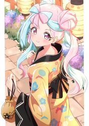  1girl absurdres alternate_costume alternate_hairstyle blue_hair blush bow-shaped_hair closed_mouth commentary_request double_bun hair_bun highres iono_(pokemon) japanese_clothes kimono long_hair long_sleeves looking_at_viewer multicolored_hair pink_hair pokemon pokemon_scarlet_and_violet rono_(lethys) smile solo twintails two-tone_hair yellow_kimono 
