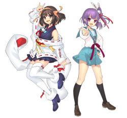  2girls \m/ black_boots black_socks blue_kimono blue_sailor_collar blue_skirt boots brown_eyes brown_hair brown_shoes commentary_request cosplay costume_switch dated_commentary full_body fur-trimmed_boots fur_trim hair_ornament hair_ribbon hand_on_own_hip high_heels ito_noizi japanese_clothes kimono kneehighs loafers looking_at_viewer multiple_girls neck_ribbon obi obijime open_mouth orange_ribbon prismplus purple_hair red_ribbon ribbon sailor_collar sash shirt shoes short_hair side_ponytail simple_background skirt socks suzumiya_haruhi suzumiya_haruhi_(cosplay) suzumiya_haruhi_no_yuuutsu tenjin_kotone tenjin_kotone_(cosplay) thigh-highs thigh_bow violet_eyes white_background white_shirt white_thighhighs 