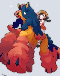  1girl :q absurdres alternate_color black_eyes black_fur black_hair braid bright_pupils commentary full_body green_sandals grey_background grey_eyes hat highres horse horseback_riding long_hair looking_at_viewer mudsdale open_mouth orange_fur orange_shirt pokemon pokemon_(creature) pokemon_ultra_sun_and_ultra_moon riding riding_pokemon sandals sandora_(karugamo_no_e) selene_(pokemon) shiny_pokemon shirt shorts simple_background sun_hat tongue tongue_out twin_braids white_pupils white_shorts 