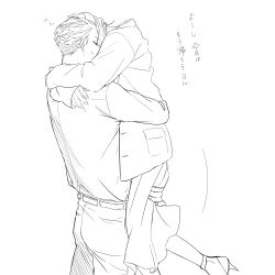  1boy 1girl absurdres belt coat commentary_request couple drunk greyscale hetero high_heels highres hug long_sleeves monochrome pants shirt short_hair simple_background skirt spy_x_family squeans sweatdrop tarutaruso3 translation_request twilight_(spy_x_family) white_background yor_briar 