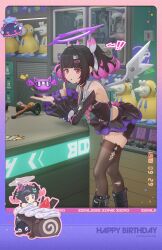 ! !! 1girl absurdres ahoge aqua_halo bangboo_(zenless_zone_zero) black_hair black_nails black_shorts blunt_bangs boots bow chocolate dessert detached_sleeves english_text food fruit hair_bow hair_intakes hair_ornament hairclip halo happy_birthday hat highres holding leaning_forward long_hair long_sleeves looking_at_viewer multicolored_hair nangong_yu nangong_yu_(rhapsody's_muse) official_art pale_skin pantyhose party_hat purple_halo red_eyes shorts sprinkles strawberry stuffed_animal stuffed_octopus stuffed_toy thumbs_up timestamp torn_clothes torn_pantyhose twintails white_wings wings zenless_zone_zero 
