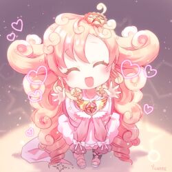  1girl blonde_hair blush closed_eyes commentary_request dress drill_hair highres long_hair magical_girl mahou_shoujo_ikusei_keikaku mahou_shoujo_ikusei_keikaku_aces open_mouth puk_puck reaching reaching_towards_viewer shoes smile star_ornament twin_drills very_long_hair yunare 