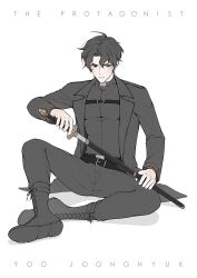  1boy belt_collar black_coat black_hair black_shirt character_name chest_belt coat collar commentary_request curtained_hair dreaming_nozomu full_body holding holding_sword holding_weapon monochrome omniscient_reader's_viewpoint open_clothes open_coat serious sheath shirt short_hair sitting solo sword unsheathing weapon yoo_joonghyuk 