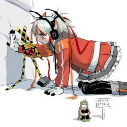  1girl 2others ahoge avogado6 blush calogado commentary copyright_request crack cracked_wall denka_shaa flustered fumikirine_kwan headgear hugging_own_legs kabedon multicolored_hair multiple_others piano_print sign sweatdrop translated 