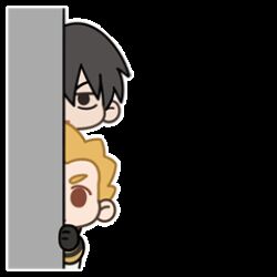  2boys animated animated_gif black_eyes black_gloves black_hair blonde_hair chibi chibi_only gloves jia_(the_legend_of_luoxiaohei) long_sleeves lowres male_focus multiple_boys official_art peeking ponytail red_eyes simple_background sticker_(medium) the_legend_of_luo_xiaohei white_background yi_(the_legend_of_luoxiaohei) 