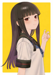  1girl anchor_symbol bent_v black_hair black_sailor_collar blue_neckerchief blunt_bangs blush border commentary_request from_side hatsuyuki_(kancolle) hatsuyuki_kai_ni_(kancolle) highres hime_cut kantai_collection long_hair long_sidelocks looking_at_viewer neckerchief outside_border red_eyes rounded_corners sailor_collar sailor_shirt sakiecho shirt short_sleeves sidelocks signature simple_background smile solo turning_head upper_body v watermark white_border white_shirt yellow_background 