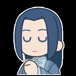  1boy animated animated_gif blue_hair chibi chibi_only closed_eyes closed_mouth commentary cup drinking english_commentary long_hair lowres male_focus official_art simple_background solo sticker_(medium) the_legend_of_luo_xiaohei white_background wuxian_(the_legend_of_luo_xiaohei) 