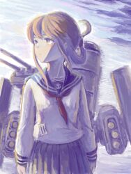  1girl anchor_symbol black_sailor_collar black_skirt brown_hair commentary expressionless folded_ponytail inazuma_(kancolle) kantai_collection long_sleeves neckerchief orange_eyes outdoors pleated_skirt red_neckerchief rigging sailor_collar school_uniform serafuku skirt sky solo sowamame 