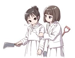  2girls black_eyes black_hair boro_(tn-boro) brown_hair commentary_request highres holding holding_another's_arm holding_knife holding_shovel iria_funada knife mahou_shoujo_ikusei_keikaku mahou_shoujo_ikusei_keikaku_breakdown multiple_girls pleated_skirt rei_koimizu sailor_collar school_uniform short_hair shovel skirt sweat white_background white_skirt 