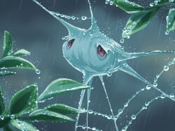  blurry bug cocoon commentary_request fusenryo leaf no_humans one-hour_drawing_challenge outdoors pokemon pokemon_(creature) pokemon_focus rain red_eyes silcoon silk spider_web water_drop wet 