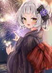  1girl absurdres bangs black_bow blush bow commentary_request firecrackers fireworks grey_hair hair_bow hair_bun highres holding_fireworks hololive japanese_clothes kimono looking_at_viewer maikro murasaki_shion night night_sky open_mouth sky solo tassel virtual_youtuber yellow_eyes 