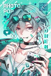  1boy aqua-framed_eyewear aqua_eyes aqua_hair aqua_nails bandaid bandaid_on_cheek bandaid_on_face bandaid_on_hand camera candy chain chain_necklace eyewear_on_head food genshin_impact hair_ornament holding holding_camera holding_candy holding_food holding_lollipop jacket jewelry lohen_(genshin_impact) lollipop male_focus necklace red_pupils shirt short_hair smile solo teeth white_shirt yyourong 