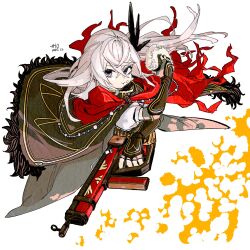  1girl :t absurdres blue_eyes cape cloak commentary_request fate/grand_order fate_(series) fingerless_gloves food food_in_mouth food_on_face gloves grey_hair gun hair_between_eyes hair_ornament highres holding holding_food holding_gun holding_weapon long_hair looking_at_viewer onigiri red_cloak rice rice_on_face sa10_e saika_magoichi_(fate) simple_background solo weapon 