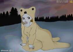  1girl 2026 animal_costume bald bear bear_costume blood blood_on_face breasts colored_skin commentary ear_tag forest grey_eyes highres horror_(theme) large_breasts nature photo-referenced polar_bear recording reitarubi simple_background snow twitter_username white_skin winter 