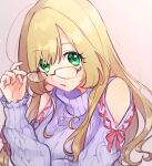  1girl bangs blonde_hair blush clothing_cutout frilled_sleeves frills glasses green_eyes hand_on_eyewear hand_up heart heart_necklace holding holding_eyewear idolmaster idolmaster_cinderella_girls idolmaster_cinderella_girls_starlight_stage jewelry long_hair long_sleeves looking_at_viewer mameyanagi necklace parted_lips sato_shin shoulder_cutout sleeve_ribbon solo sweater turtleneck turtleneck_sweater 