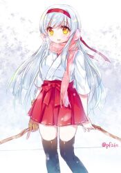  1girl bad_id bad_pixiv_id black_thighhighs earmuffs hakama hakama_skirt headband holding holding_stick japanese_clothes kantai_collection kimono long_hair looking_at_viewer open_mouth pf pink_scarf red_hakama red_headband scarf shoukaku_(kancolle) skirt snow snowing solo stick thigh-highs twitter_username white_hair white_kimono yellow_eyes 
