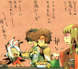  1girl 2boys afterimage alternate_costume arms_up beard_stubble brown_hair capelet closed_eyes coat commentary_request cup facial_hair food hair_over_one_eye holding holding_cup japanese_clothes kamosiro350 kimono low_ponytail medic_(sekaiju_4) medic_1_(sekaiju_4) multiple_boys mystic_(sekaiju) mystic_3_(sekaiju) one_eye_covered open_clothes open_coat open_mouth ponytail red_capelet red_kimono sekaiju_no_meikyuu sekaiju_no_meikyuu_4 shaking_head stubble translation_request white_hair yellow_coat 