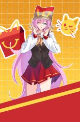  1girl :p ;p absurdres bag_over_head black_vest blue_eyes breasts commentary elf elysia_(honkai_impact) food french_fries highres holding holding_food honkai_(series) honkai_impact_3rd large_breasts long_hair looking_at_viewer mcdonald's neckerchief one_eye_closed pink_hair pointy_ears red_skirt shirt skirt solo thighs tlnoel tongue tongue_out very_long_hair vest white_shirt yellow_background yellow_neckerchief 