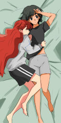  2girls absurdres barefoot bird's_eye_view black_eyes black_hair black_shirt black_shorts closed_mouth commentary constellation_print cuddling dark-skinned_female dark_skin english_commentary expressionless fluffy_hair from_above full_body grey_shorts grey_sweater hand_on_own_head hand_up highres lara_(sayonara_lara) long_hair long_sleeves lying maisart multiple_girls on_back on_bed on_side ootsu_mari red_hair sayonara_lara shirt short_hair short_sleeves shorts sleeping sleeping_together sweater t-shirt very_long_hair yuri 