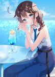  1girl ahoge blue_eyes blue_necktie blue_skirt blush braid brown_hair closed_mouth collared_shirt drink drinking_straw hair_flaps highres kantai_collection long_hair looking_at_viewer naoto_(tulip) necktie shigure_(kancolle) shigure_kai_ni_(kancolle) shirt single_braid skirt sleeveless sleeveless_shirt smile solo white_shirt 