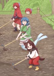  3girls :d ^_^ animal_ear_fluff animal_ears black_boots black_shirt blue_hair boots bow brooch brown_eyes brown_hair cloak closed_eyes commentary_request disembodied_head dress drill_hair drill_sidelocks fins floating_head frilled_kimono frilled_sleeves frills full_body grass_root_youkai_network green_kimono hair_bow head_fins highres hoe holding_hoe imaizumi_kagerou japanese_clothes jewelry kimono long_hair long_sleeves looking_at_viewer merfolk mermaid monster_girl multiple_girls multiple_heads obi obijime open_mouth outdoors poronegi purple_bow purple_sash red_cloak red_eyes red_hair ribbon-trimmed_bow ribbon_trim rubber_boots sash sekibanki shirt short_hair sidelocks smile tail touhou wakasagihime white_dress wide_sleeves wolf_ears wolf_girl wolf_tail yellow_boots 